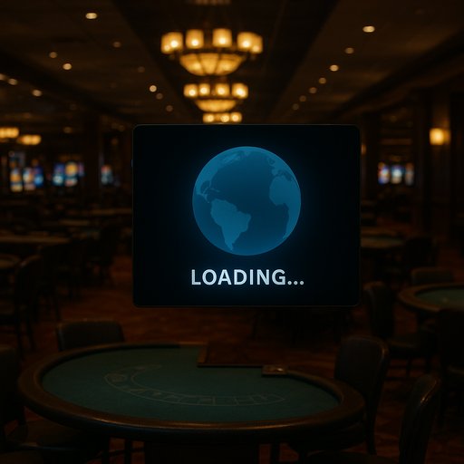 Crickex loading in a casino hall setting with dim lighting and empty gaming floors. The image conveys anticipation and patience while content loads.