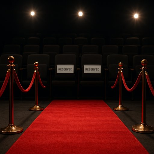 Exclusive event invitation image with a red carpet, velvet ropes, and reserved seating. It conveys access to premium events for VIP players.