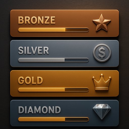 Loyalty tiers infographic showing Bronze to Diamond levels with progress bars and rewards. The image communicates progression and prestige in the loyalty program.