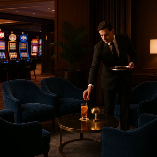 VIP lounge image showing a luxurious seating area with velvet chairs, private service, and a premium atmosphere. The scene conveys exclusivity and high-level hospitality in a casino setting.