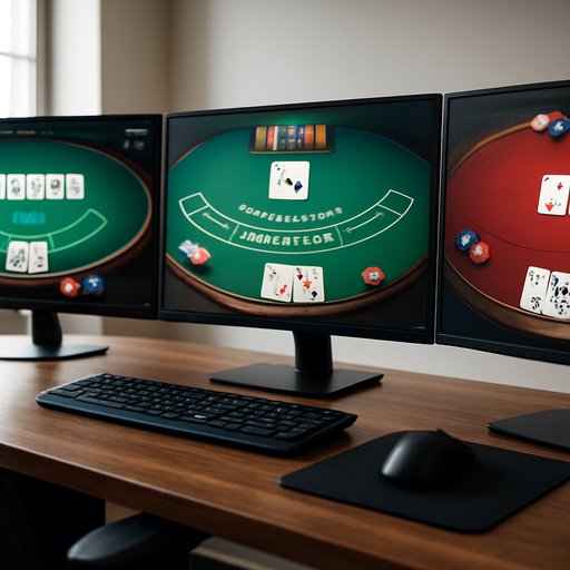 Desktop gaming setup showing multiple screens with table layouts and cards in a bright, professional environment. The image highlights table games and card play.