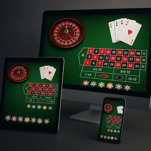 Graphical dashboard across devices: desktop, tablet, and mobile screens. The image showcases cross-device gameplay.