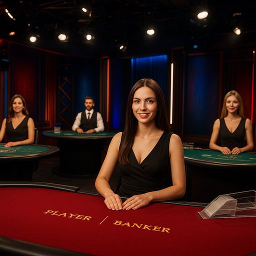 Live casino studio with dealers at multiple tables, camera angles, and dynamic lighting. The setup conveys an authentic live gaming atmosphere.