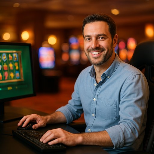 Crickex user testimonial image showing a satisfied player at a gaming setup with friendly ambiance