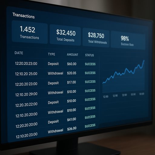 Transaction dashboard showing successful Crickex payments processing in real time. The image highlights metrics, timelines, and status of deposits and withdrawals.